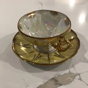 Vintage Castle China Japan yellow gold teacup  set plate and cup